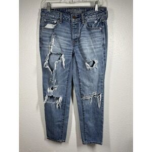 American Eagle Jeans Womens 2 Blue‎ Boy Crop Distressed Ripped Button Fly Denim